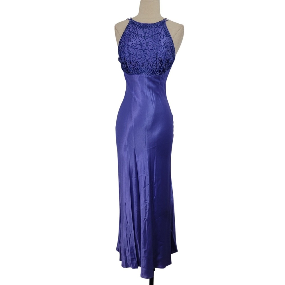 VTG Morgan‎ & Co. Linda Bernell Satin Midi Maxi Dress Sz 2XS Blue Purple Party